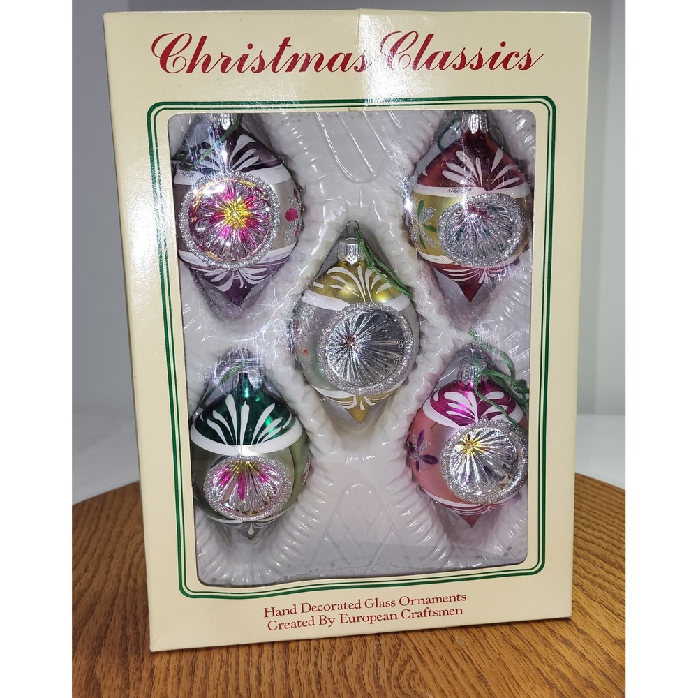 Vintage Christmas Ornaments Mercury Glass Hand Painted Indent set of 5 Teardrop